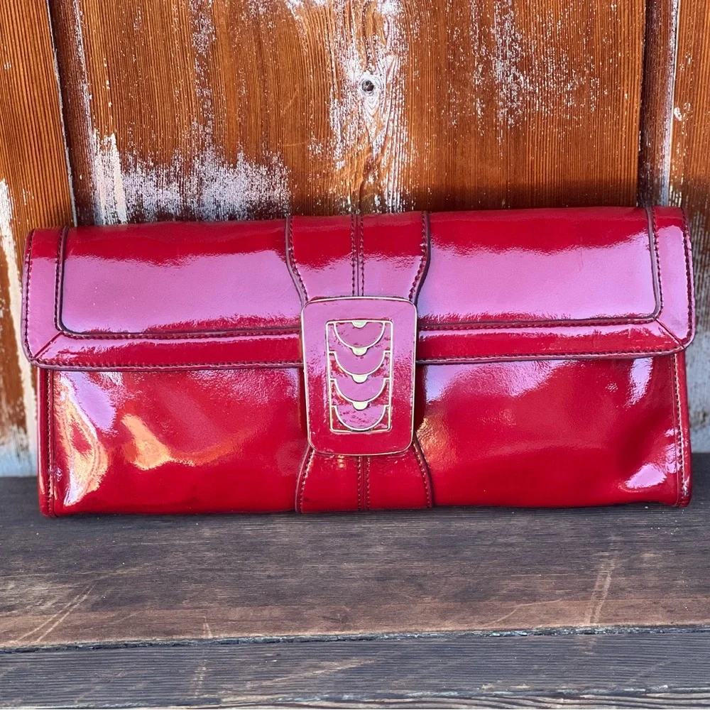 VINTAGE COLE HAAN Red Patent Leather Art Deco Clutch - Picture 1 of 14